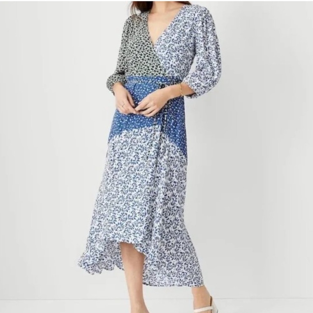 Ann Taylor Blue Green Wrap Dress High Low Maxi